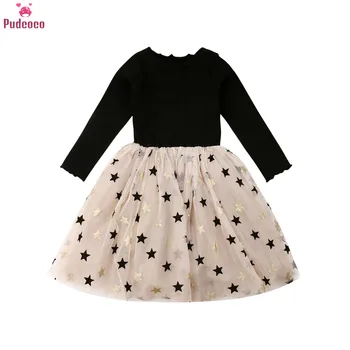 Bahar Sonbahar Toddler Bebek Kız Prenses Elbise Yıldız Baskılı Dantel Patchwork Diz Boyu Tutu Parti Elbiseler 2-7Y