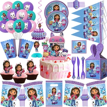 Gabby Dollhouse Doğum Günü Partisi Dekorasyon Tek Kullanımlık balon Sofra Bardak Tabak Zemin Çocuklar Kızlar için Bebek Parti Malzemeleri
